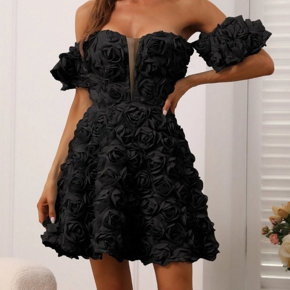 . Dresses & Skirts - Black Preppy Womens Off Shoulder Contrast Mesh Appliques Dress